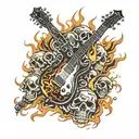 electric guitar surrounded by skulls and flames  tattoo design idea