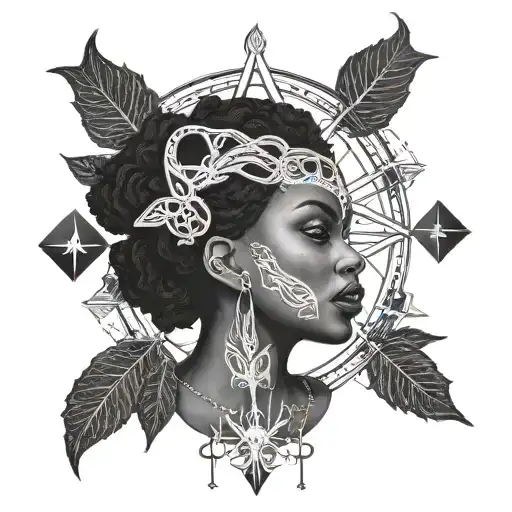beautiful goth black woman with scarification tarot Card tattoo design idea
