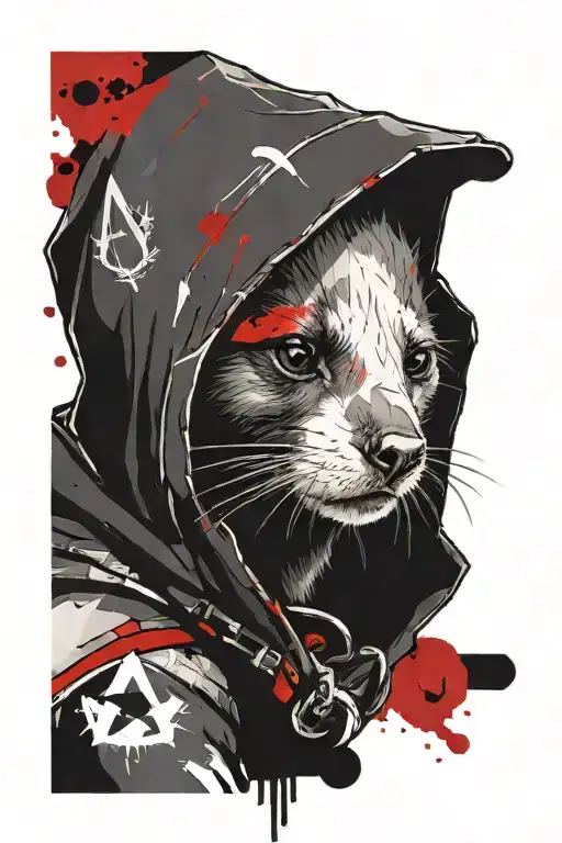 a minimal portrait of thin & light female ferret styled as assassin from "assassin's creed" game with logo at costume. turned into side. tattoo design idea