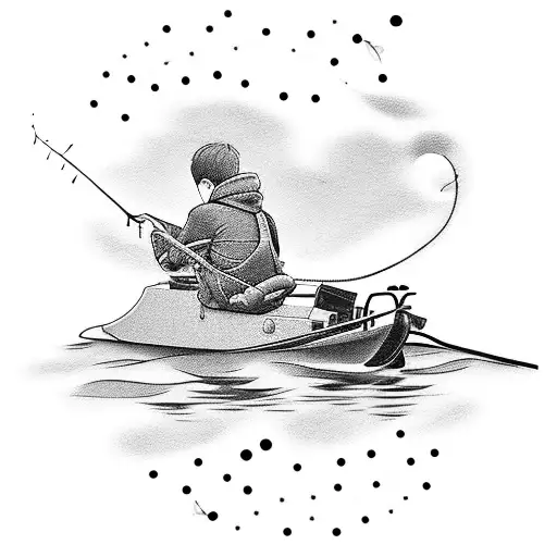 A father and son fishing together on a peaceful lake tattoo design idea