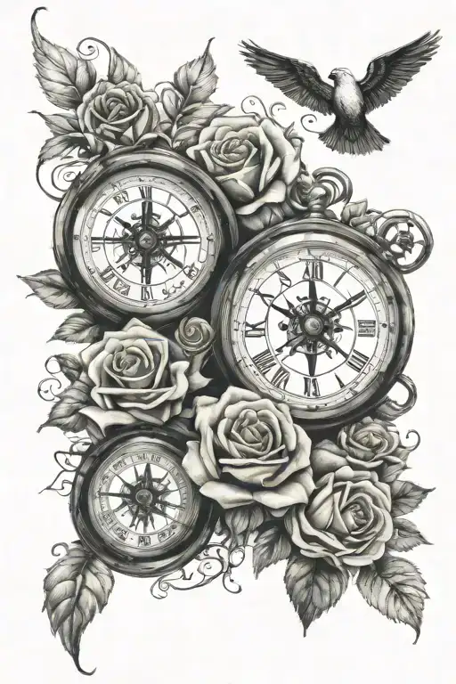 3 clocks, roses, stairs, nautical compass  tattoo design idea