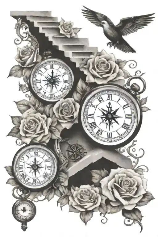 3 clocks, roses, stairs, nautical compass  tattoo design idea