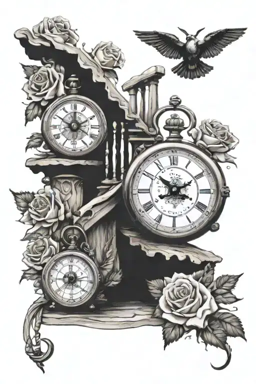 3 clocks, roses, stairs, nautical compass  tattoo design idea