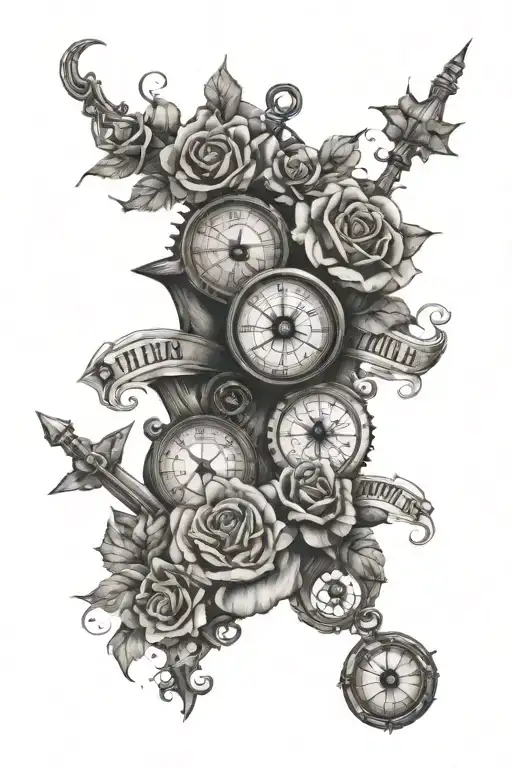 3 clocks, stairs, roses, nautical compass tattoo design idea