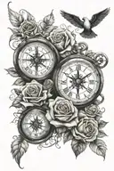 3 clocks, roses, stairs, nautical compass  tattoo design idea