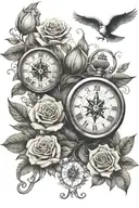 3 clocks, roses, stairs, nautical compass  tattoo design idea
