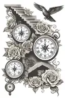 3 clocks, roses, stairs, nautical compass  tattoo design idea