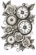3 clocks, roses, stairs, nautical compass  tattoo design idea