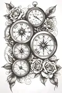 3 clocks, roses, stairs, nautical compass, nautical map tattoo design idea