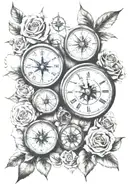 3 clocks, roses, stairs, nautical compass, nautical map tattoo design idea