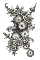 3 clocks, stairs, roses, nautical compass tattoo design idea