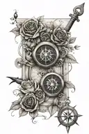 3 clocks, stairs, roses, nautical compass tattoo design idea