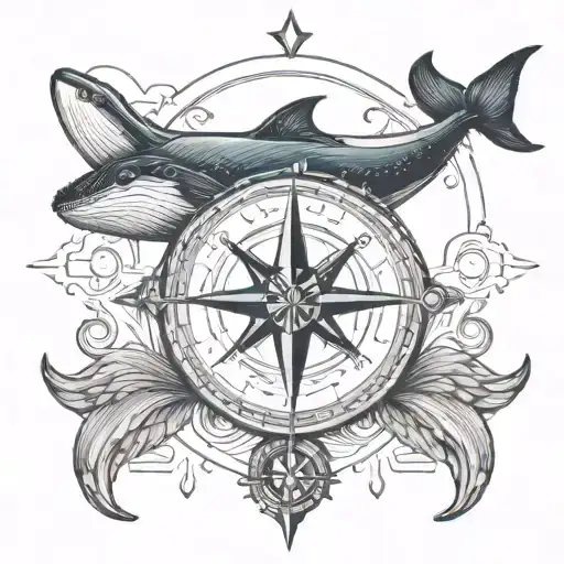 compass and humpback whale swimming tattoo design idea
