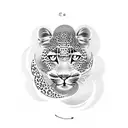 A leopard print moon surrounded by gypsophila flowers, representing the client's wild and free spirit tattoo design idea