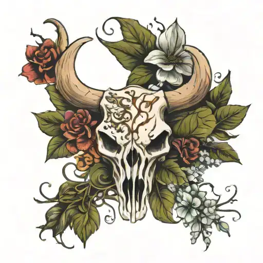 longhorn skull with flowers and vines wrapped tattoo design idea