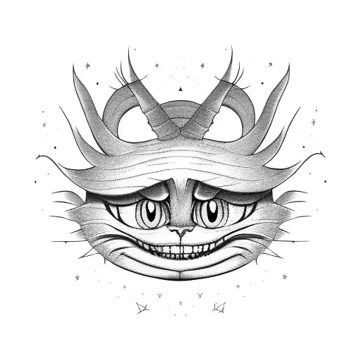 Cheshire's cat smile styled with phrase "we're all mad here" tattoo design idea