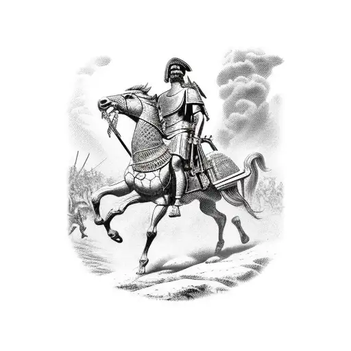 A dotwork depiction of the Battle of Gaugamela, with Alexander the Great on his horse Bucephalus tattoo design idea
