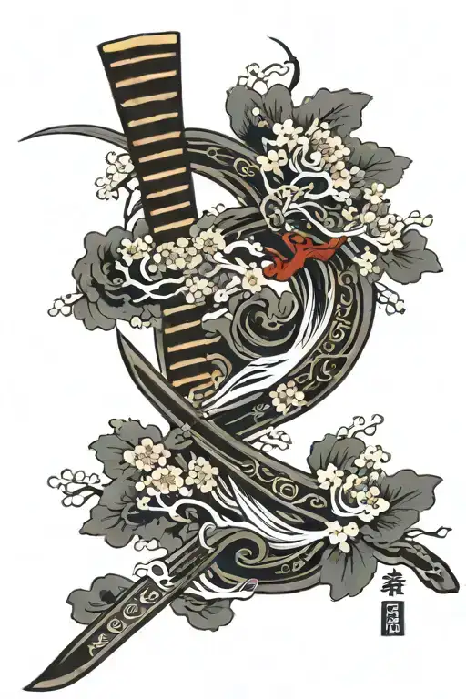 katana sword, bushido kanji, hokusai wave and cherry blossom tattoo design idea