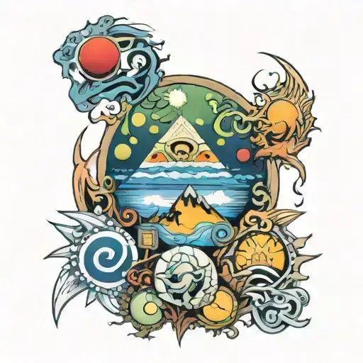 Progressive rock inspired tattoo design combining elements of album covers from Yes, ELP, King Crimson and Genesis tattoo design idea
