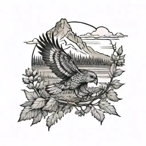 forest and mountain hawk tattoo design idea