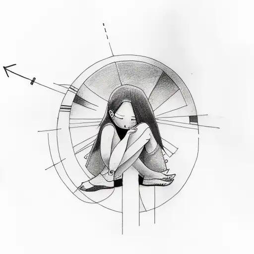 minimalist tattoo, woman sitting hugging her knees, blonde hair tattoo design idea