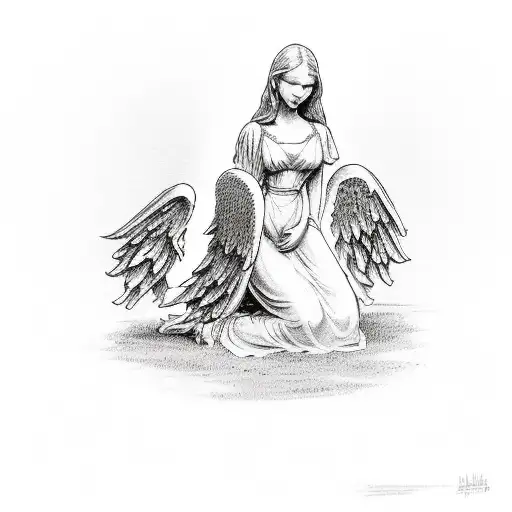 angel on knees with tombstone in front of him tattoo design idea