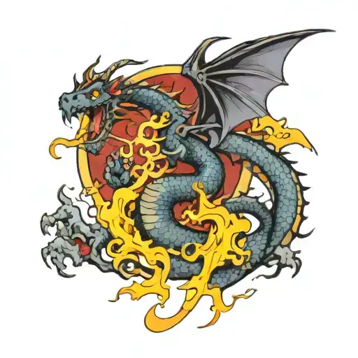 A new-school style dragon breathing fire with Japanese kanji characters for 'success' and 'achievement' in the background tattoo design idea