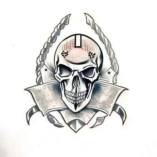 etching style knight with skull for head tattoo design idea