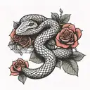 a snake that goes around the arm, white and red scales and it's scales have mini roses on them,goes around the chest too tattoo design idea