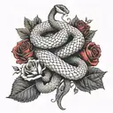 a snake that goes around the arm, white and red scales and it's scales have mini roses on them,goes around the chest too tattoo design idea