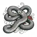 a snake that goes around the arm, white and red scales and it's scales have mini roses on them,goes around the chest too tattoo design idea