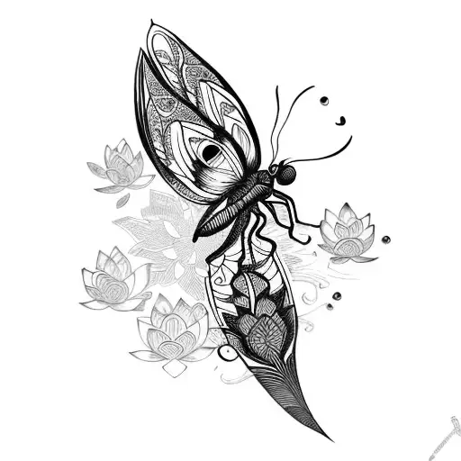lotus flower with butterfly dragonfly peacock feather tattoo design idea