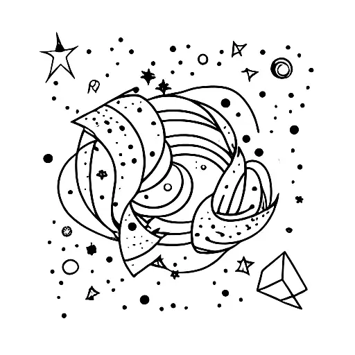 (ia-m)y=0 con pequeños planetas y estrellas alrededor en blanco y negro  tattoo design idea