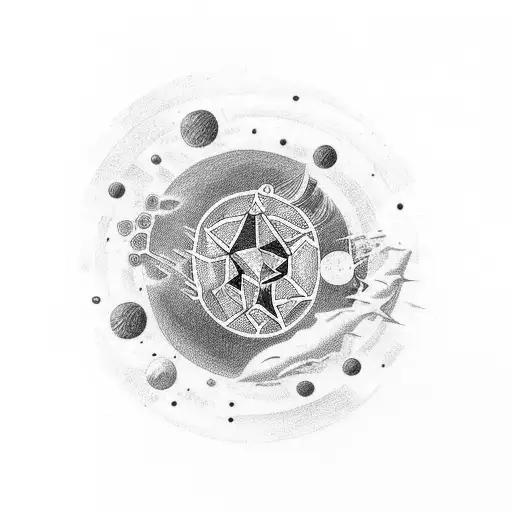 Ecuación de dirac con pequeños planetas y estrellas alrededor en blanco y negro  tattoo design idea
