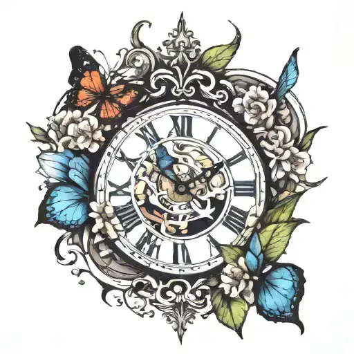 heart shaped clock surrounded by flowers blooming with butterflies and dragonflies tattoo design idea