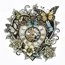 heart shaped clock surrounded by flowers blooming with butterflies and dragonflies tattoo design idea