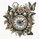 heart shaped clock surrounded by flowers blooming with butterflies and dragonflies tattoo design idea