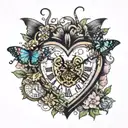 heart shaped clock surrounded by flowers blooming with butterflies and dragonflies tattoo design idea