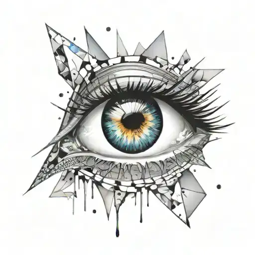 A surreal tattoo featuring a human eye surrounded by shards of glass and reflections, symbolizing introspection and perception tattoo design idea