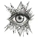 A surreal tattoo featuring a human eye surrounded by shards of glass and reflections, symbolizing introspection and perception tattoo design idea
