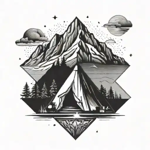 A geometric mountain range with a tent and campfire at the base tattoo design idea