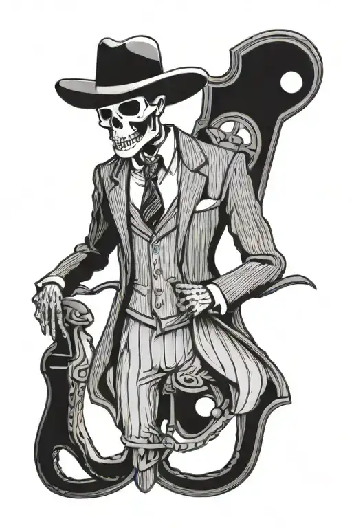Skelleton standing straight wearing italian pin stripe suit and suit pants and cowboy boots. tattoo design idea