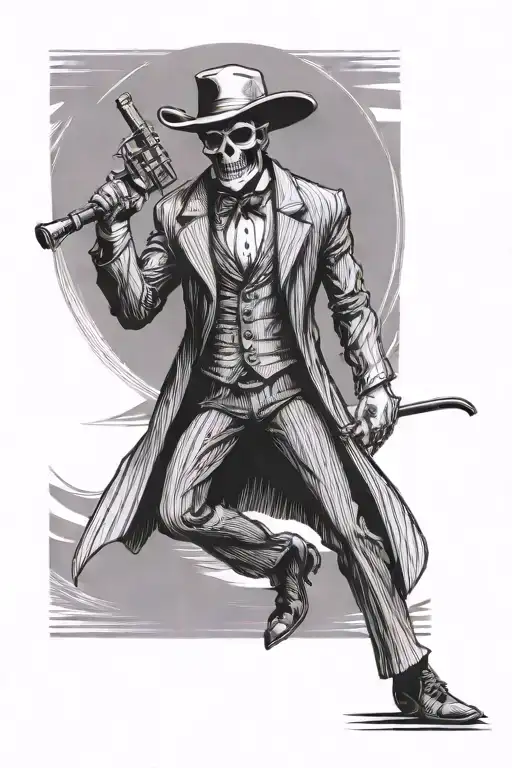 Reaper standing straight wearing italian pin stripe suit and suit pants and cowboy boots. tattoo design idea
