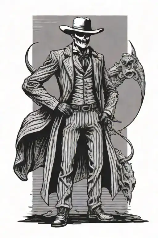 Reaper standing straight wearing italian pin stripe suit and suit pants and cowboy boots. tattoo design idea