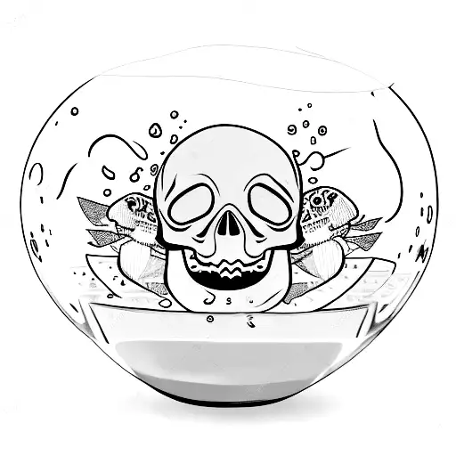 Two souls with skull heads swimming in a fishbowl. tattoo design idea
