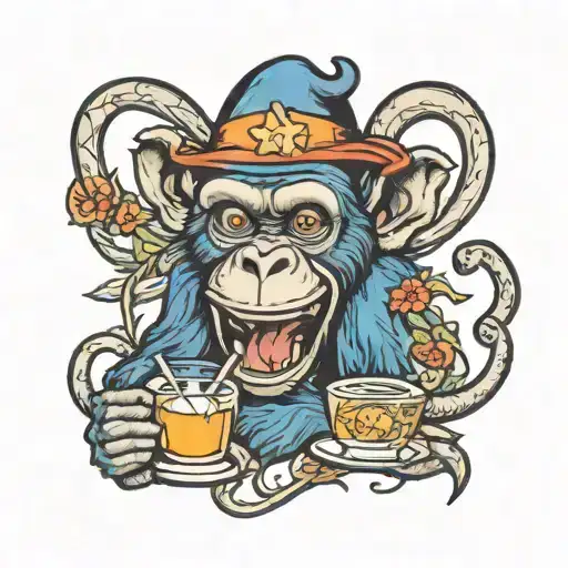 Blue Monkey drining alcohol tattoo design idea