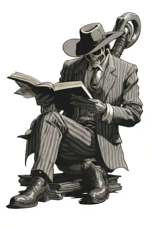 Reaper standing straight wearing a pin stripe suit,  suit pants and cowboy boots.  He is holding a book titled panta rei tattoo design idea