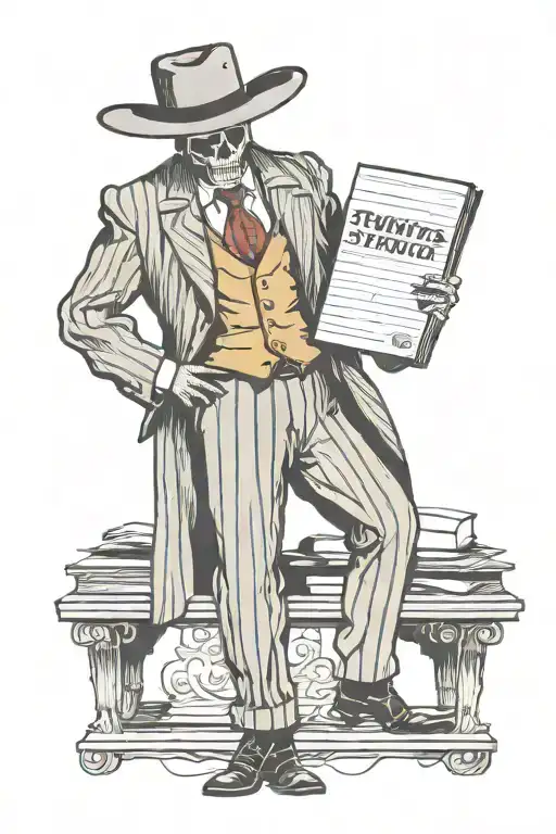 Reaper standing straight wearing a pin stripe suit,  suit pants and cowboy boots.  He is holding a book titled panta rei tattoo design idea