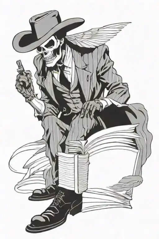 Reaper standing straight wearing a pin stripe suit,  suit pants and cowboy boots.  He is holding a book titled panta rei tattoo design idea