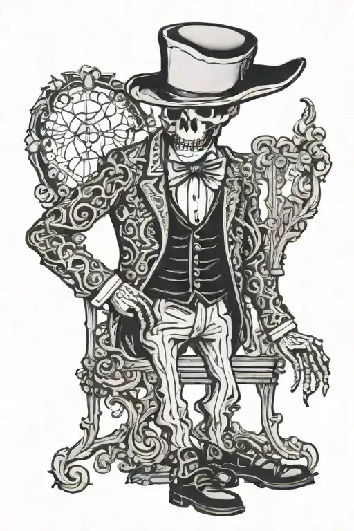 Standing skelleton wearing italian suit woth suit pants and western boots. tattoo design idea